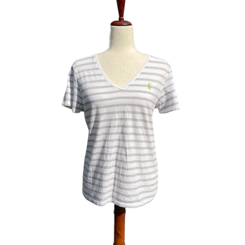 Ralph Lauren Sport grey, white stripe V neck Tee Shirt 100% Pima cotton Large - Picture 3 of 12